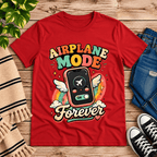 Airplane Mode funny introvert graphic t-shirt cozy flat lay in red.
