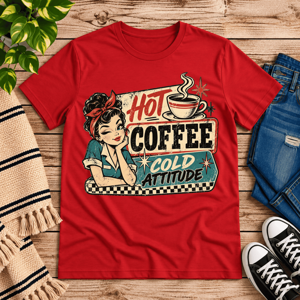 Hot Coffee retro coffee graphic t-shirt cozy flat lay in red.