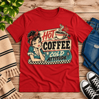 Hot Coffee retro coffee graphic t-shirt cozy flat lay in red.