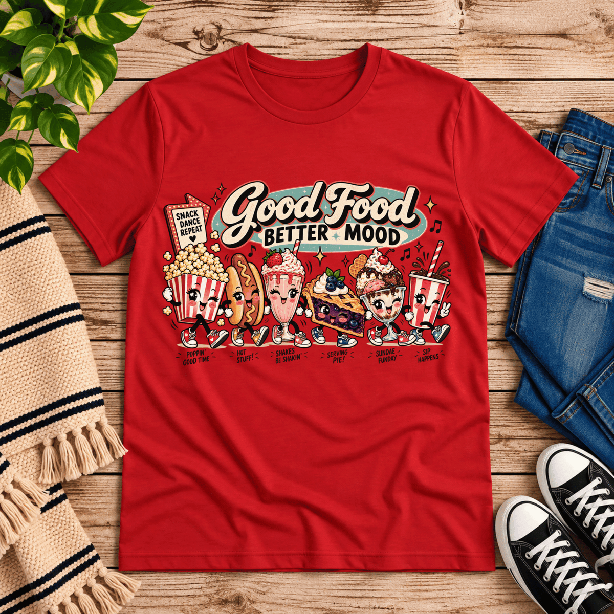 Good Food retro food graphic t-shirt cozy flat lay in red.