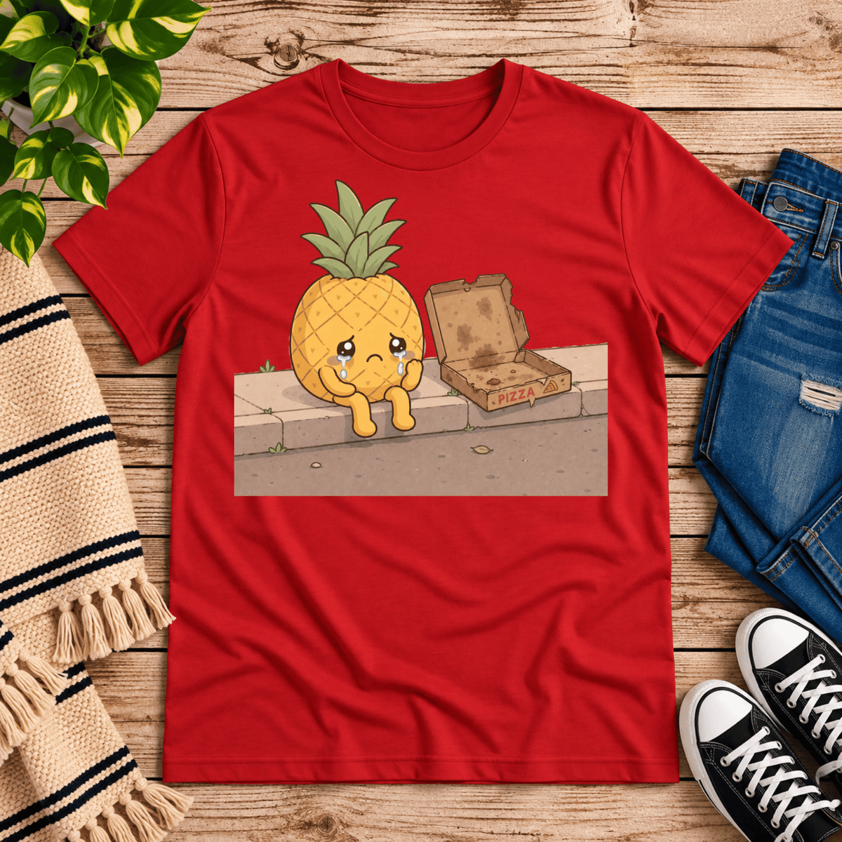 Pineapple Pizza funny food graphic t-shirt cozy flat lay in red.
