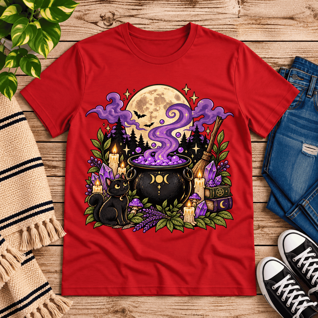 The cauldron cute celestial graphic t-shirt cozy flat lay in red.
