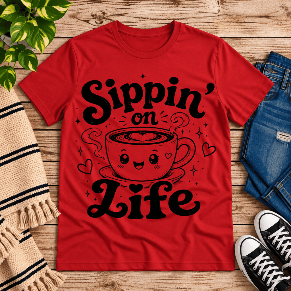 Sippin' on Life cute coffee graphic t-shirt cozy flat lay in red.