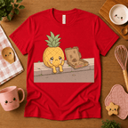 Pineapple Pizza cute food graphic t-shirt cozy flat lay in red.