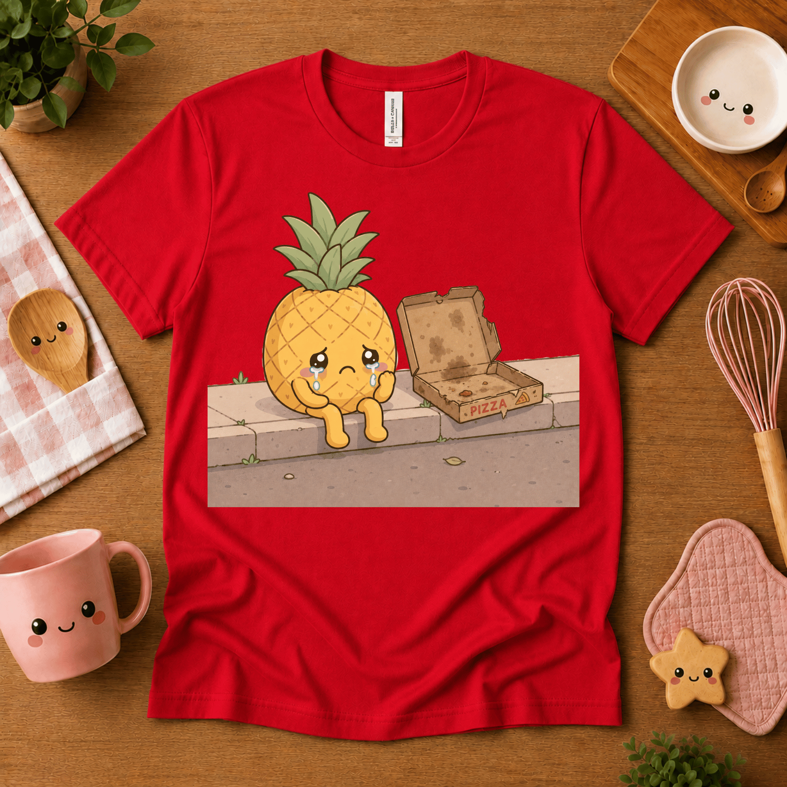 Pineapple Pizza cute food graphic t-shirt cozy flat lay in red.