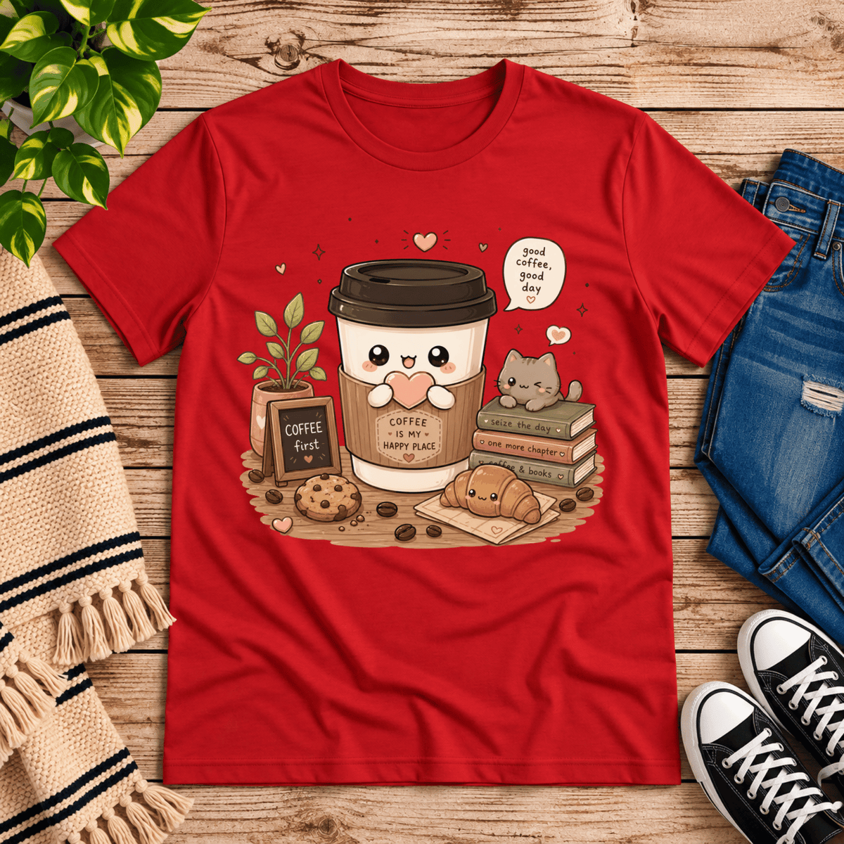 Good Coffee graphic t-shirt cozy flat lay in red.