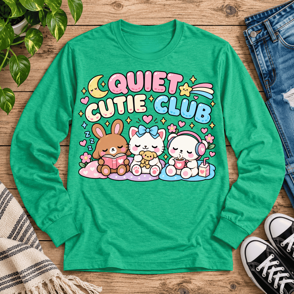 Quiet Cutie Club introvert graphic long sleeve cozy flat lay in retro heather green.