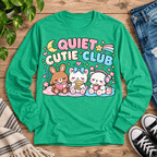Quiet Cutie Club introvert graphic long sleeve cozy flat lay in retro heather green.