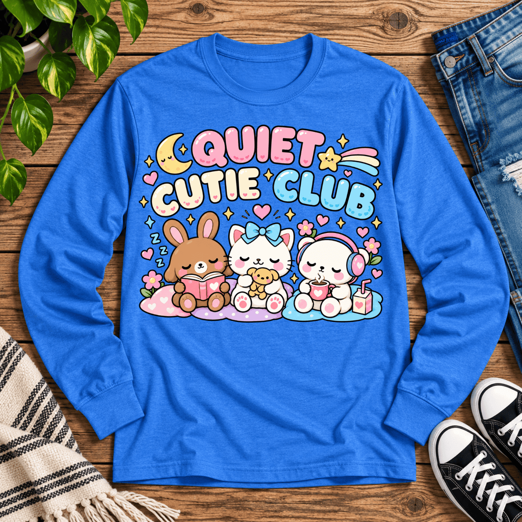 Quiet Cutie Club introvert graphic long sleeve cozy flat lay in retro heather royal.