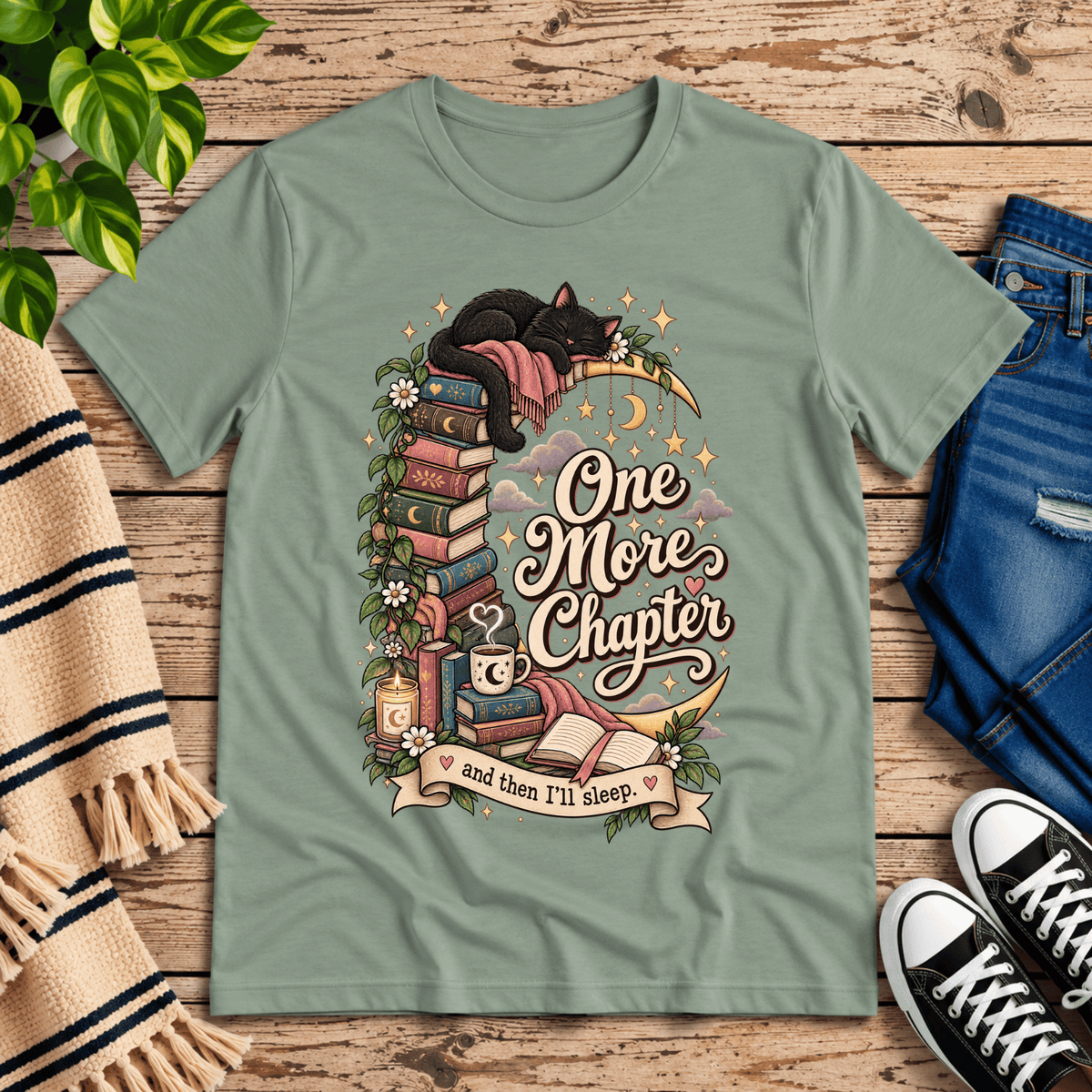 One More Chapter cute book graphic t-shirt cozy flat lay in sage.