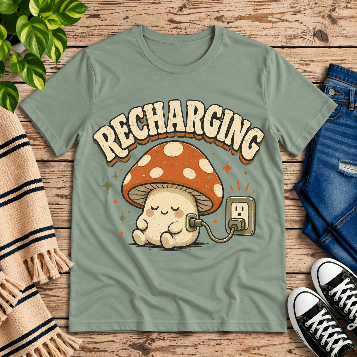 Recharging Mushroom cute cottagecore graphic t-shirt cozy flat lay in sage.