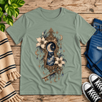 Cosmos Keyhole celestial graphic t-shirt cozy flat lay in sage.