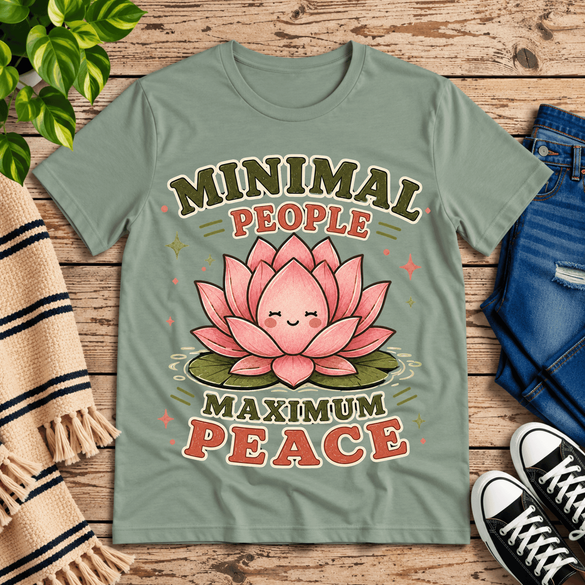 Minimal People cute nature graphic t-shirt cozy flat lay in sage.