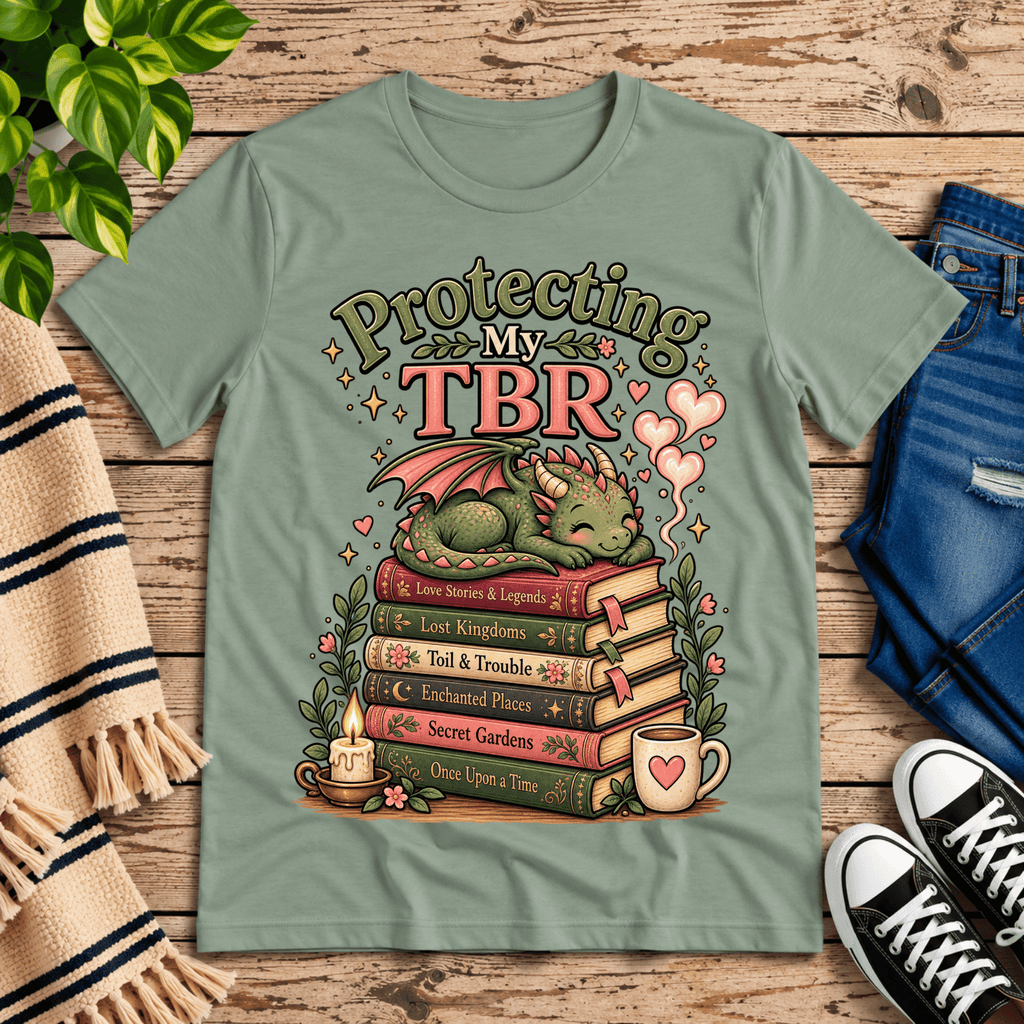 Protecting My TBR cute book graphic t-shirt cozy flat lay in sage.