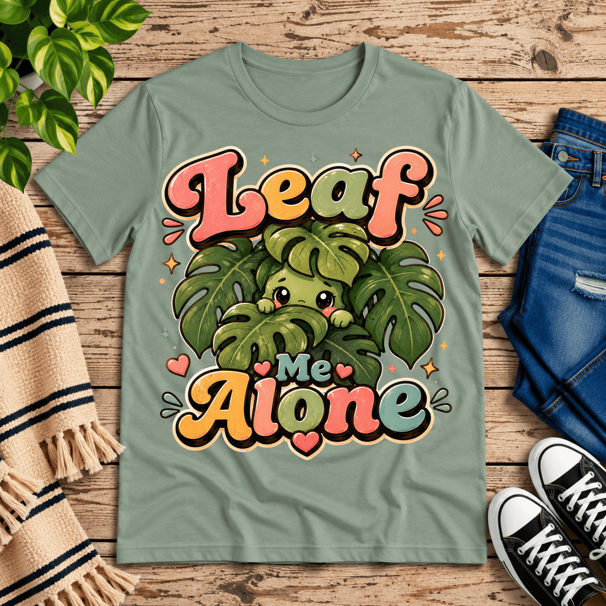 Leaf Me Alone funny nature graphic t-shirt cozy flat lay in sage.