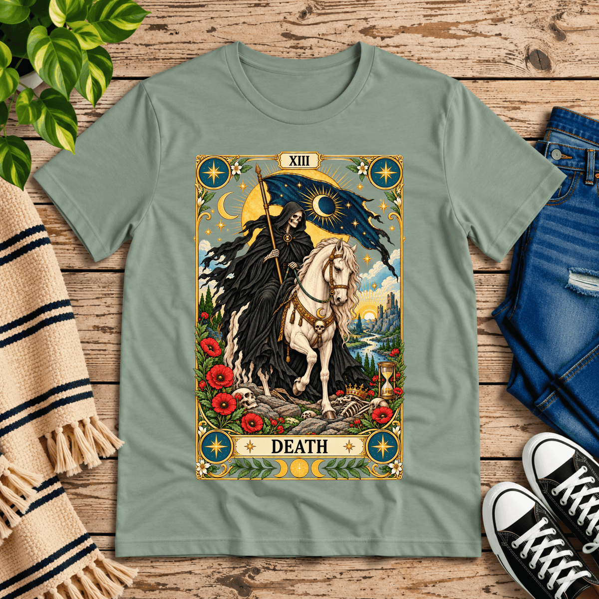 Death tarot card graphic t-shirt cozy flat lay in sage.