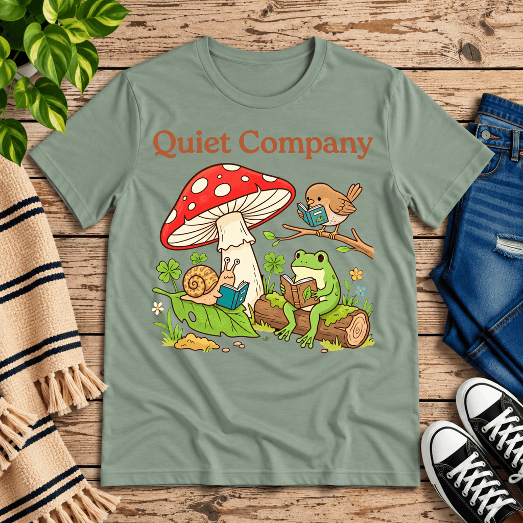 Quiet Company cute cottagecore graphic t-shirt cozy flat lay in sage.