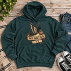 Winging It cute animal graphic hoodie cozy flat lay in sports green.