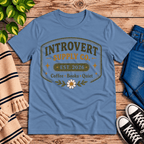 Introvert Supply Co. cute introvert graphic t-shirt cozy flat lay in steel blue.