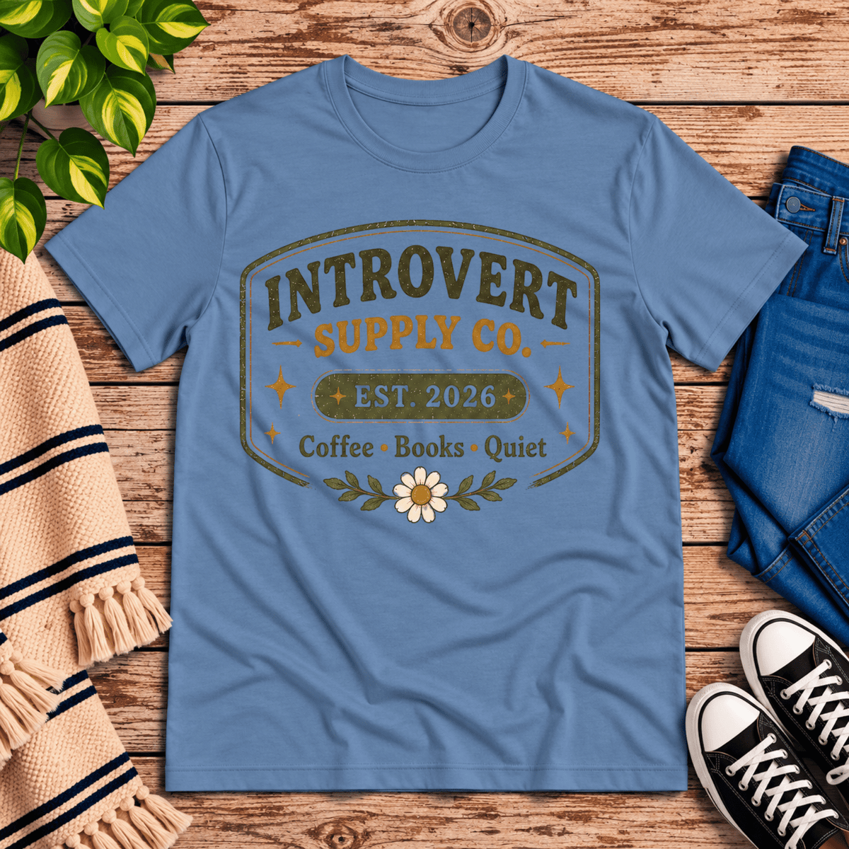 Introvert Supply Co. cute introvert graphic t-shirt cozy flat lay in steel blue.