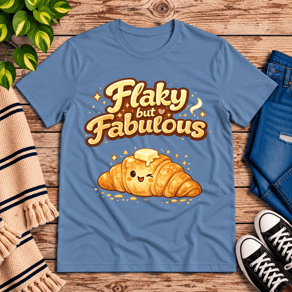 Flaky But Fabulous cute food graphic t-shirt cozy flat lay in steel blue.