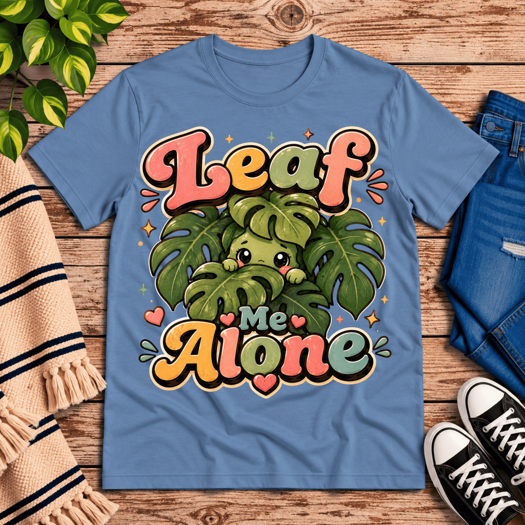 Leaf Me Alone funny nature graphic t-shirt cozy flat lay in steel blue.