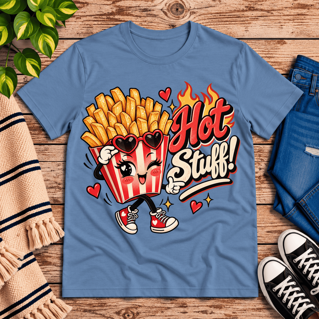 Hot Stuff retro food graphic t-shirt cozy flat lay in steel blue.