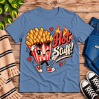 Hot Stuff retro food graphic t-shirt cozy flat lay in steel blue.