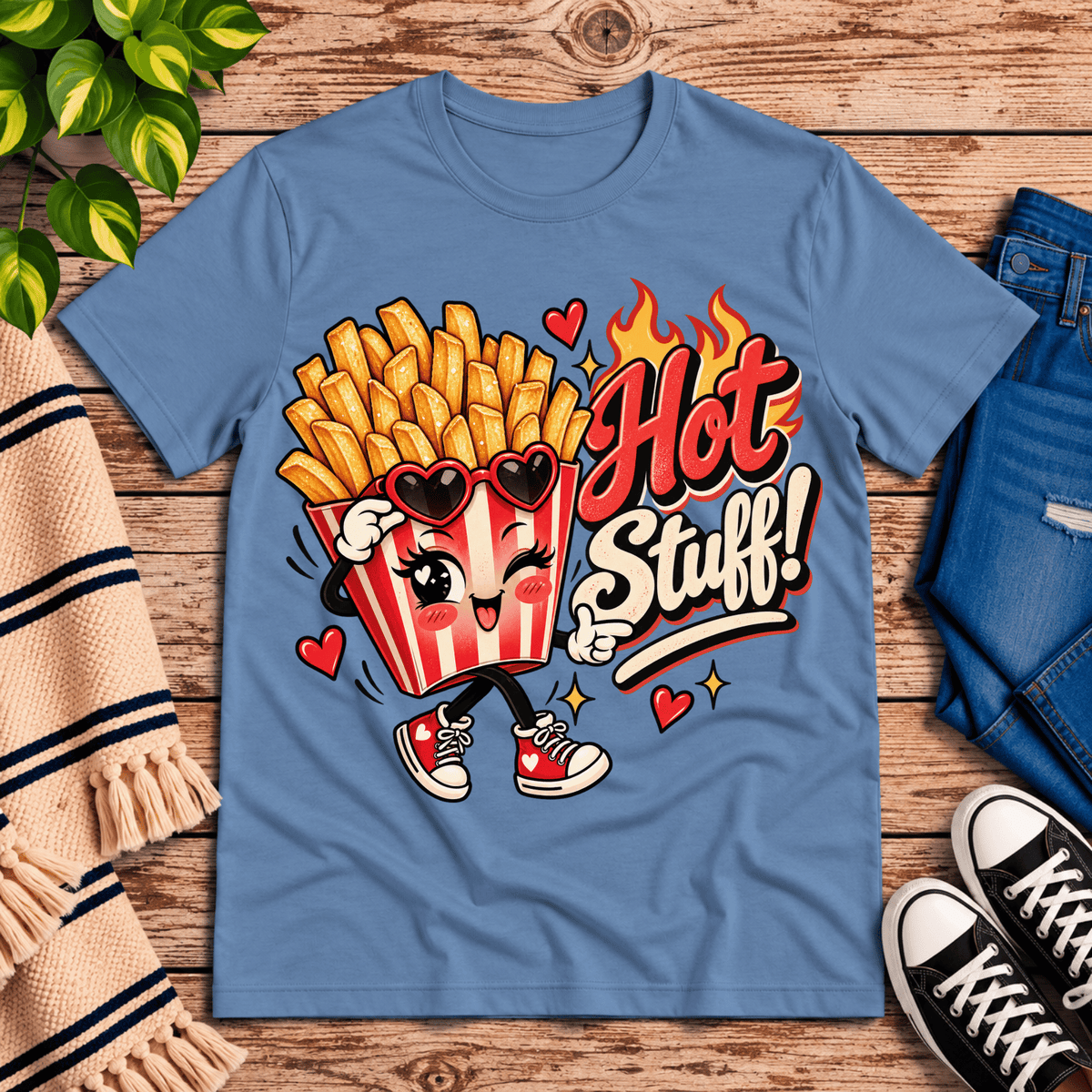 Hot Stuff retro food graphic t-shirt cozy flat lay in steel blue.