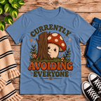 Currently Avoiding funny cottagecore graphic t-shirt cozy flat lay in steel blue.
