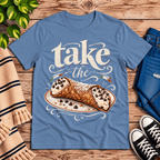 Cannoli cute food graphic t-shirt cozy flat lay in steel blue.