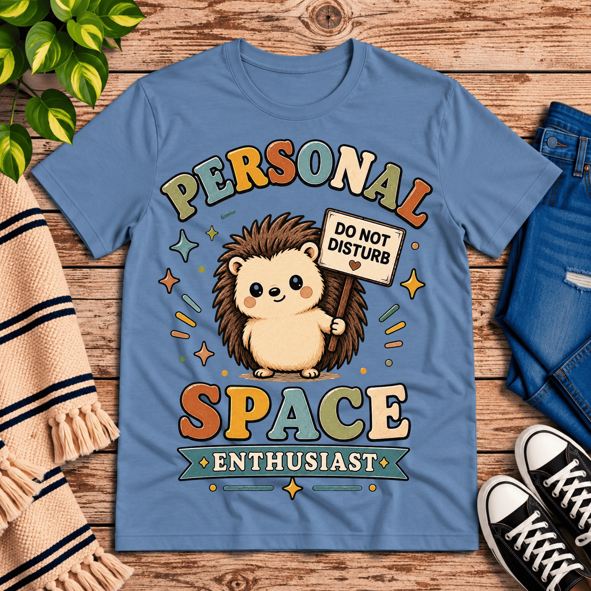 Personal Space Enthusiast cute animal graphic t-shirt cozy flat lay in steel blue.