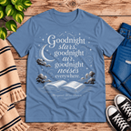 Goodnight Stars book quote graphic t-shirt cozy flat lay in steel blue.