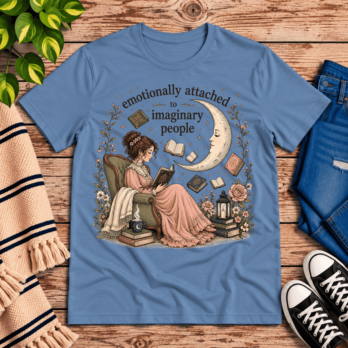 Imaginary People cute book graphic t-shirt cozy flat lay in steel blue.