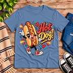 Hot Dog! retro food graphic t-shirt cozy flat lay in steel blue.