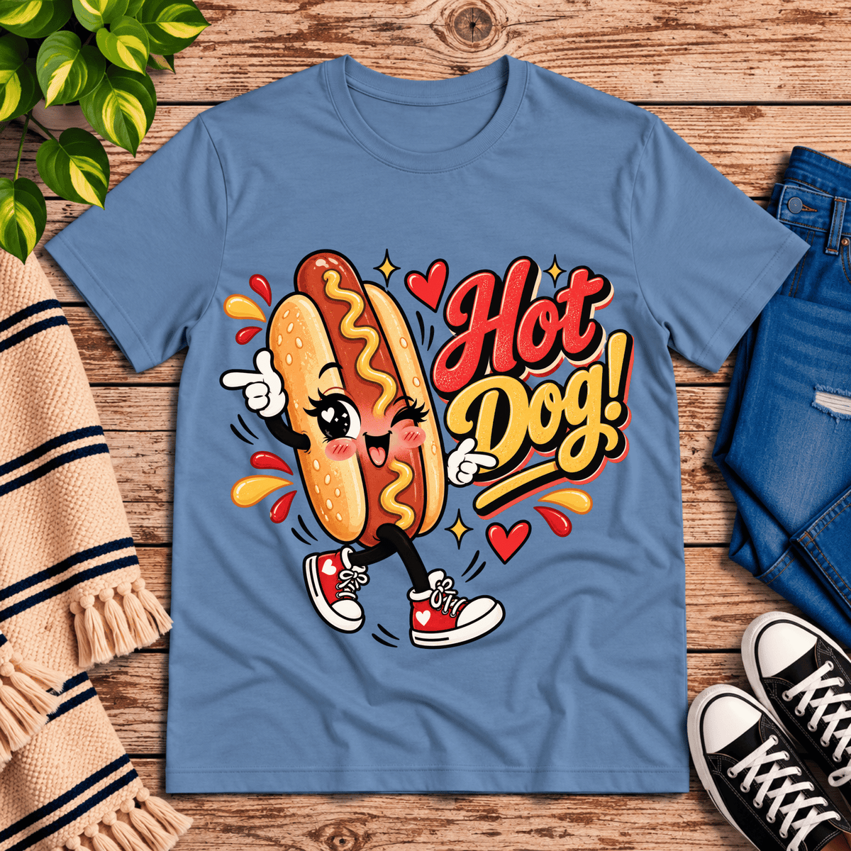 Hot Dog! retro food graphic t-shirt cozy flat lay in steel blue.