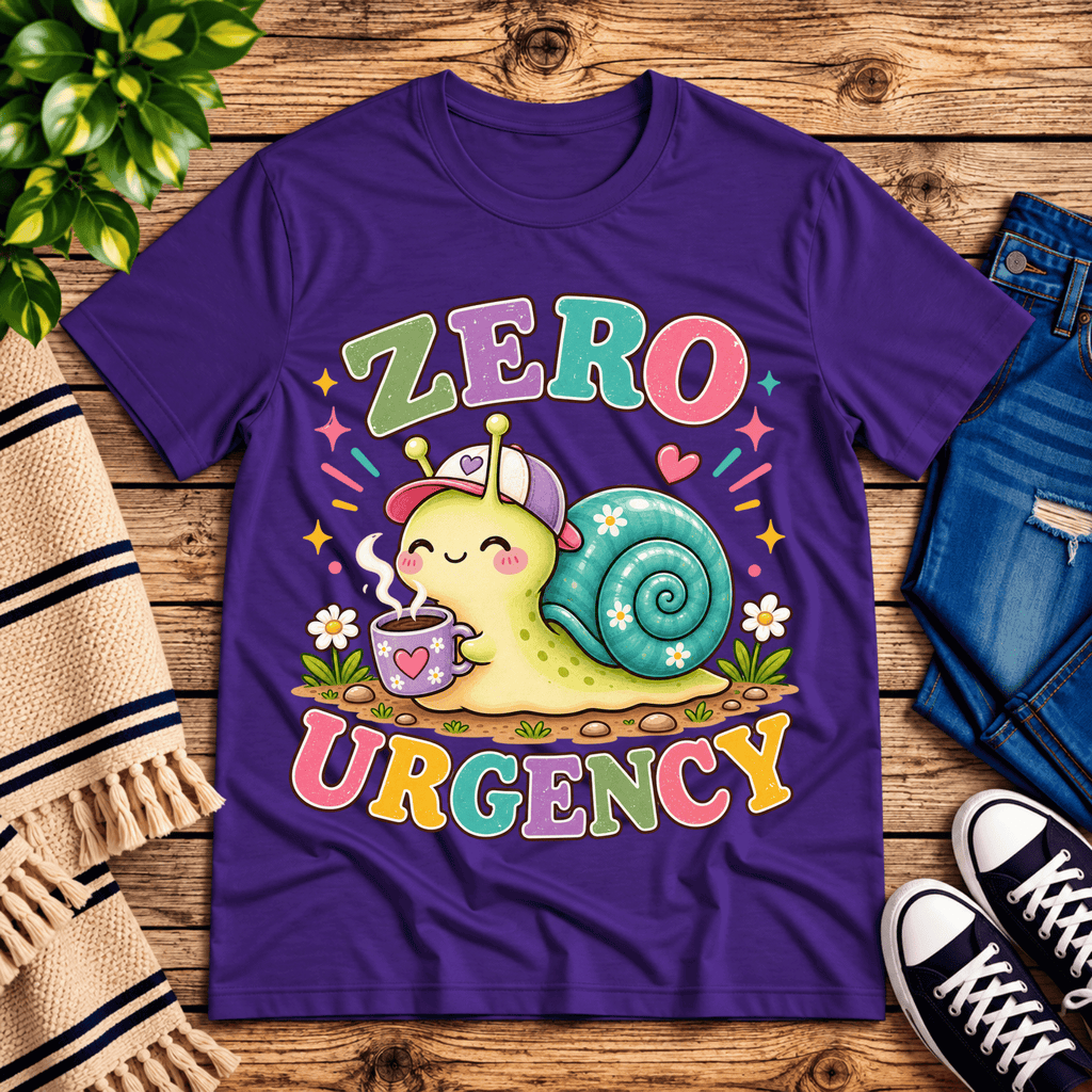 Zero Urgency cute animal graphic t-shirt cozy flat lay in team purple.
