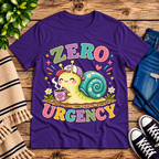 Zero Urgency cute animal graphic t-shirt cozy flat lay in team purple.