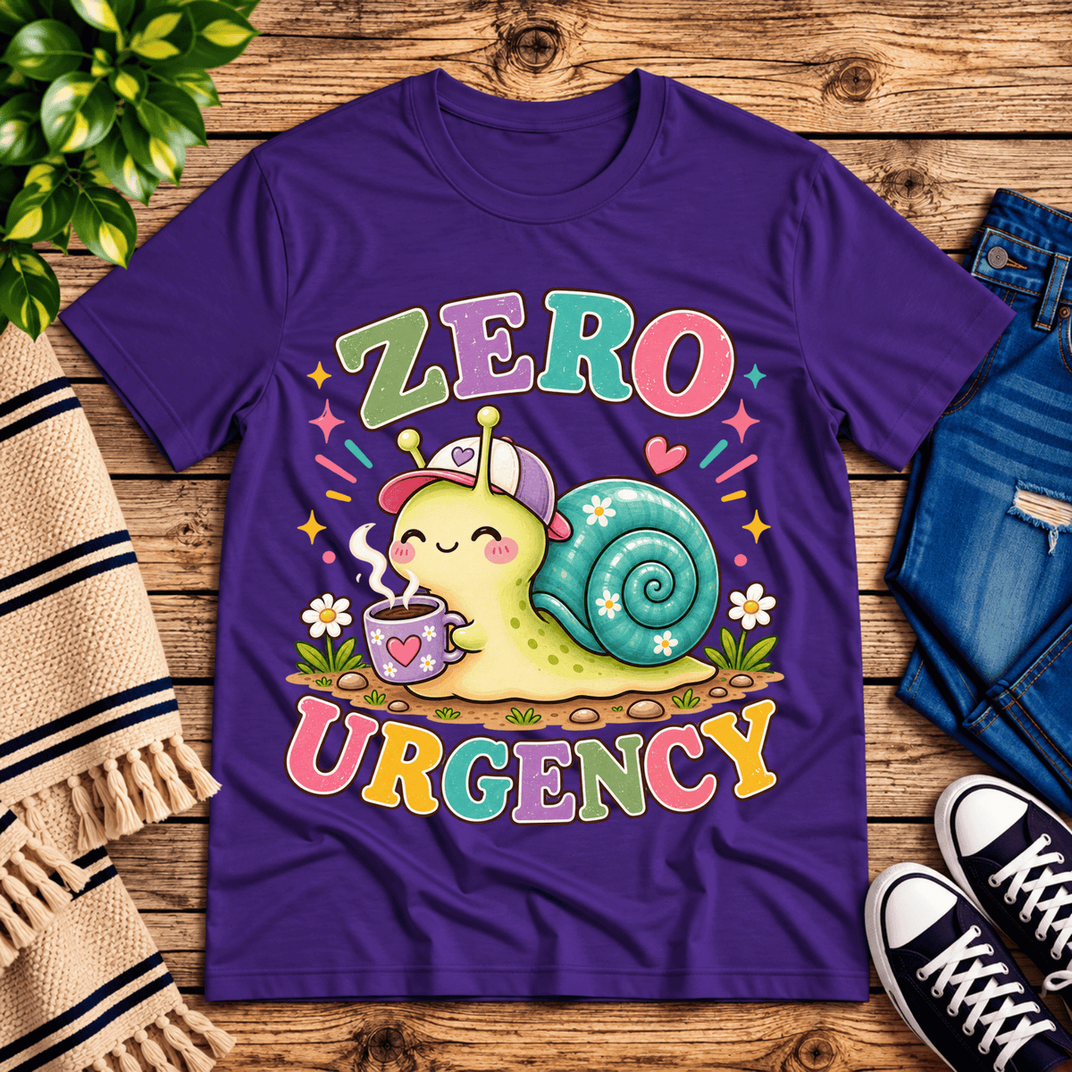 Zero Urgency cute animal graphic t-shirt cozy flat lay in team purple.