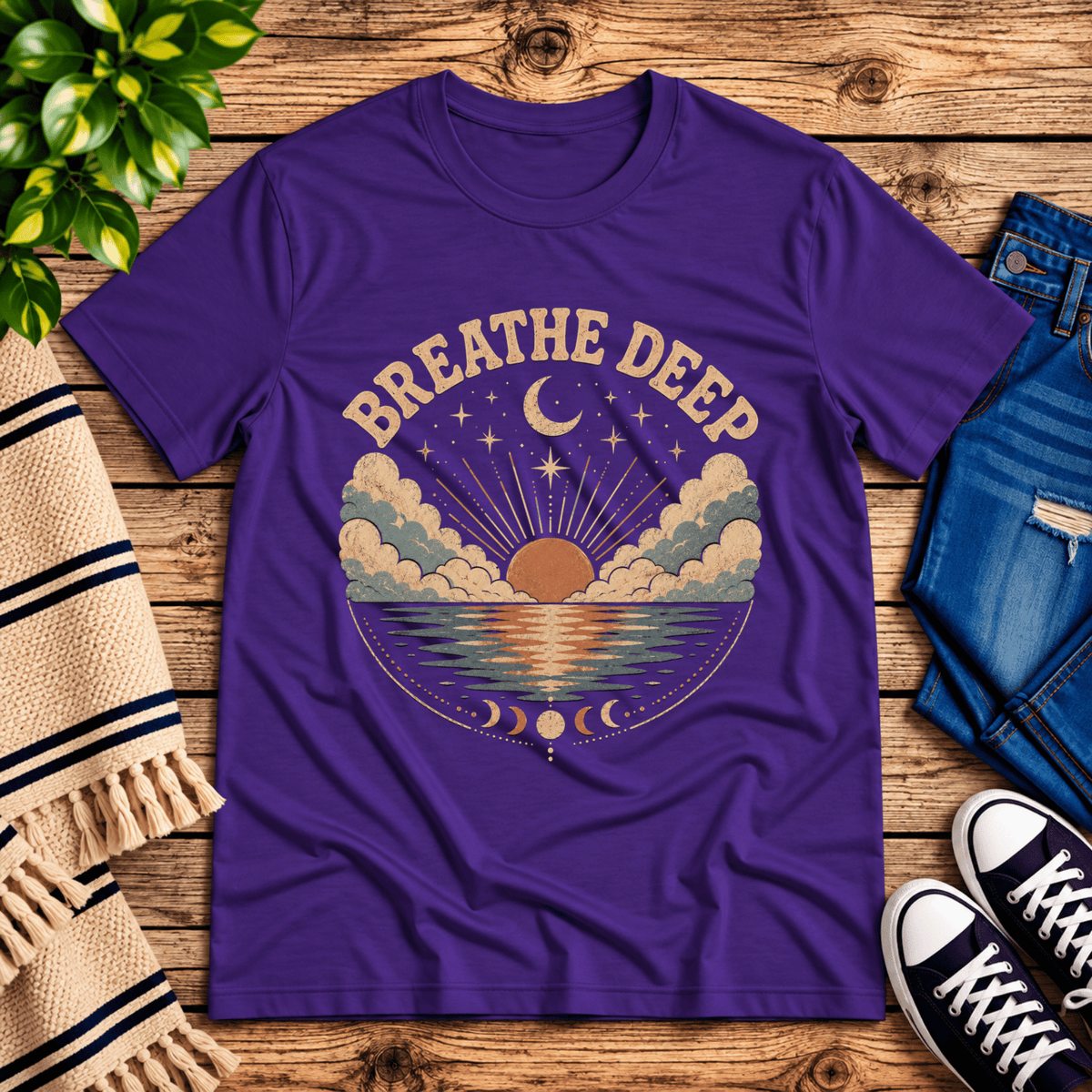 Breathe Deep inspirational introvert graphic t-shirt cozy flat lay in team purple.