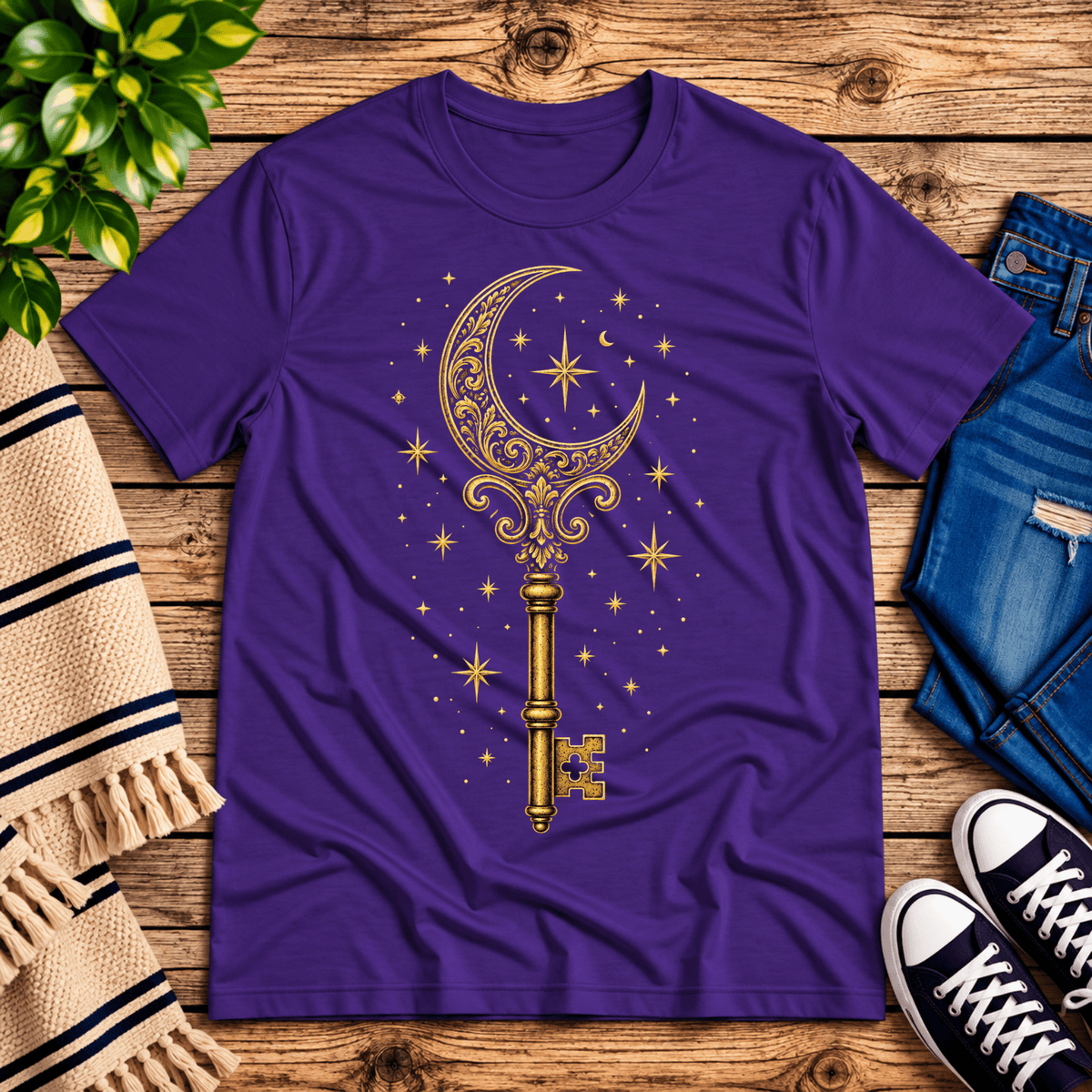Moonlight Key whimsical celestial graphic t-shirt cozy flat lay in team purple.