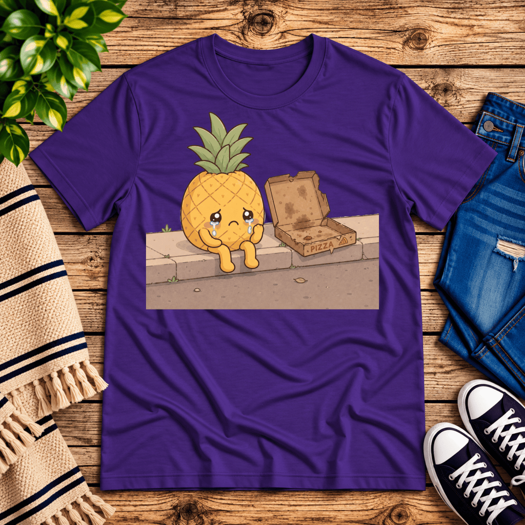 Pineapple Pizza funny food graphic t-shirt cozy flat lay in team purple.
