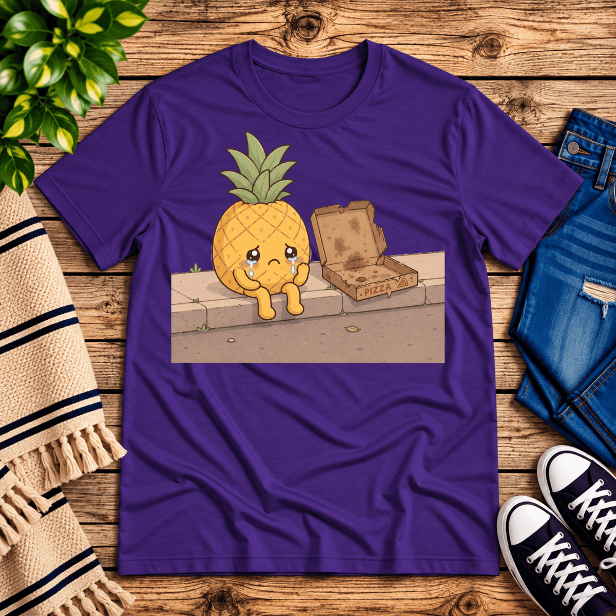 Pineapple Pizza funny food graphic t-shirt cozy flat lay in team purple.