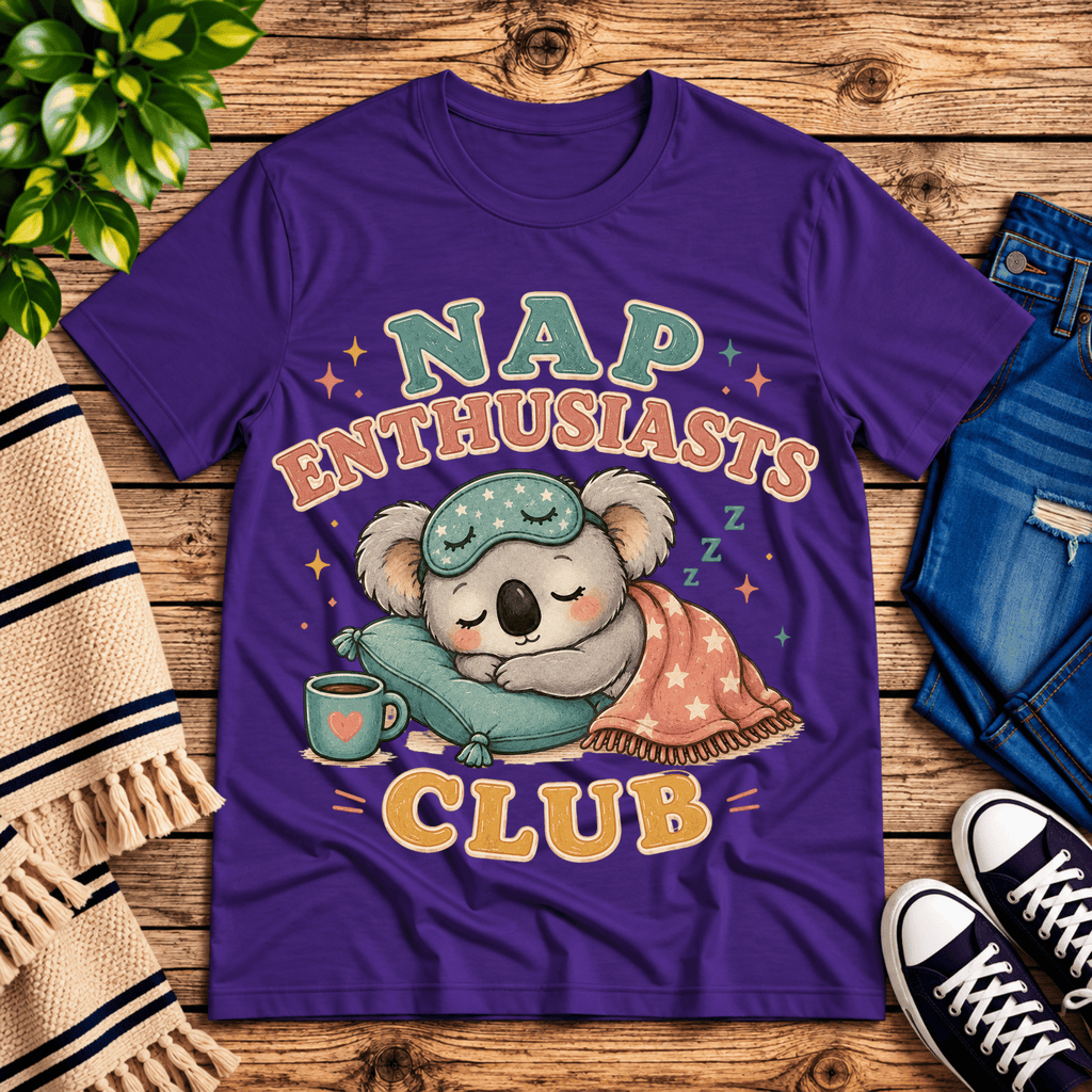Nap Enthusiasts Club cute animal graphic t-shirt cozy flat lay in team purple.