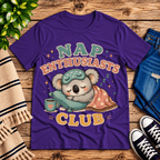 Nap Enthusiasts Club cute animal graphic t-shirt cozy flat lay in team purple.