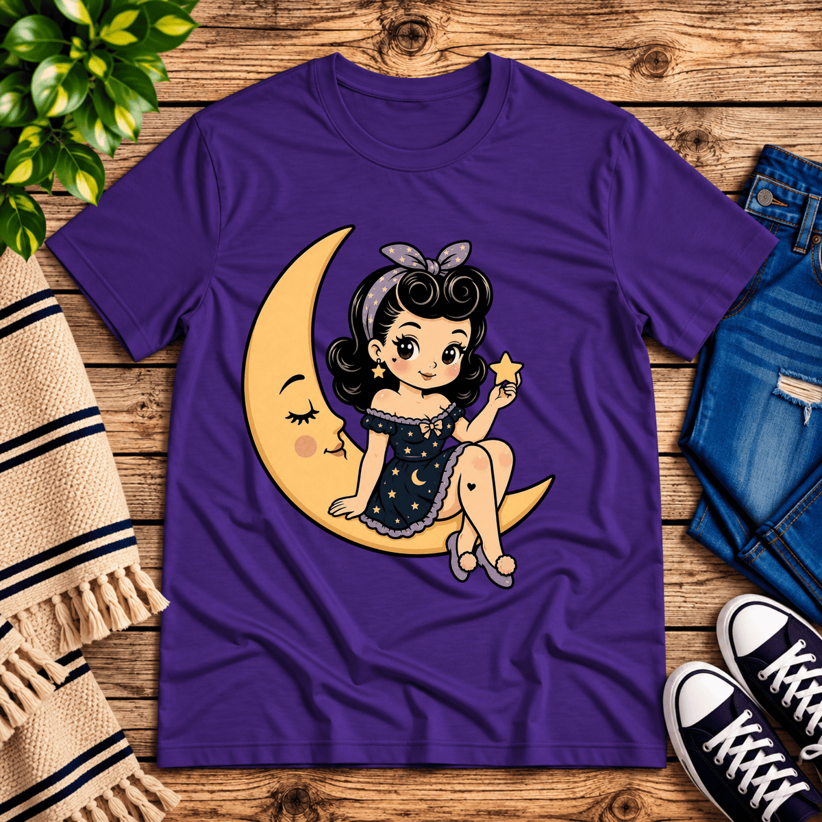 Moonlight Millie cute pinup graphic t-shirt cozy flat lay in team purple.