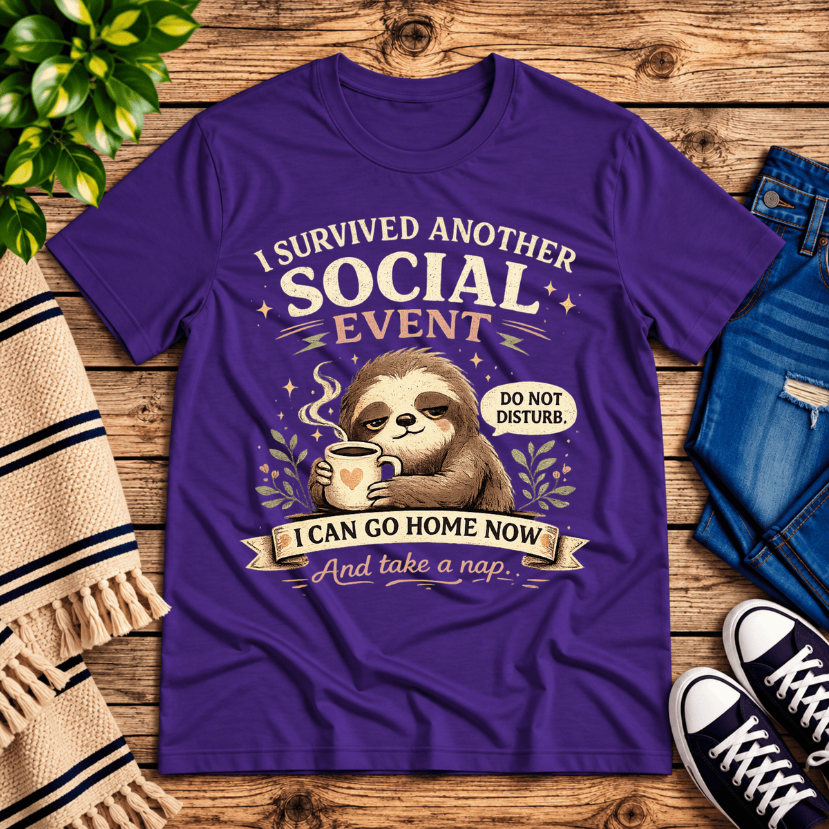 I Survived cute animal graphic t-shirt cozy flat lay in team purple.