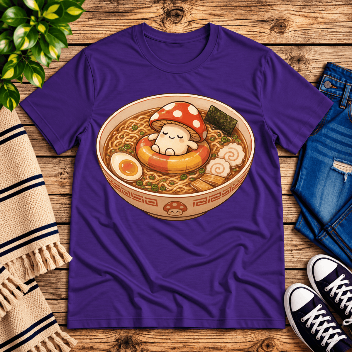 Mushroom float cute food graphic t-shirt cozy flat lay in team purple.