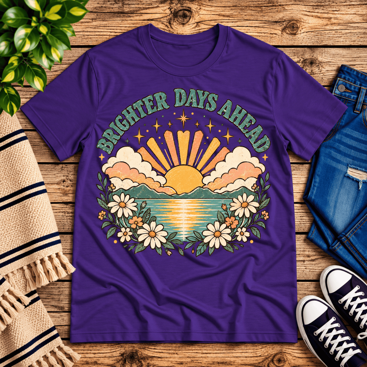 Brighter Days Ahead inspirational introvert graphic t-shirt cozy flat lay in team purple.