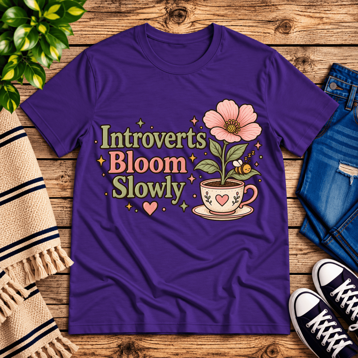 Introverts Bloom Slowly cute plant graphic t-shirt cozy flat lay in team purple.